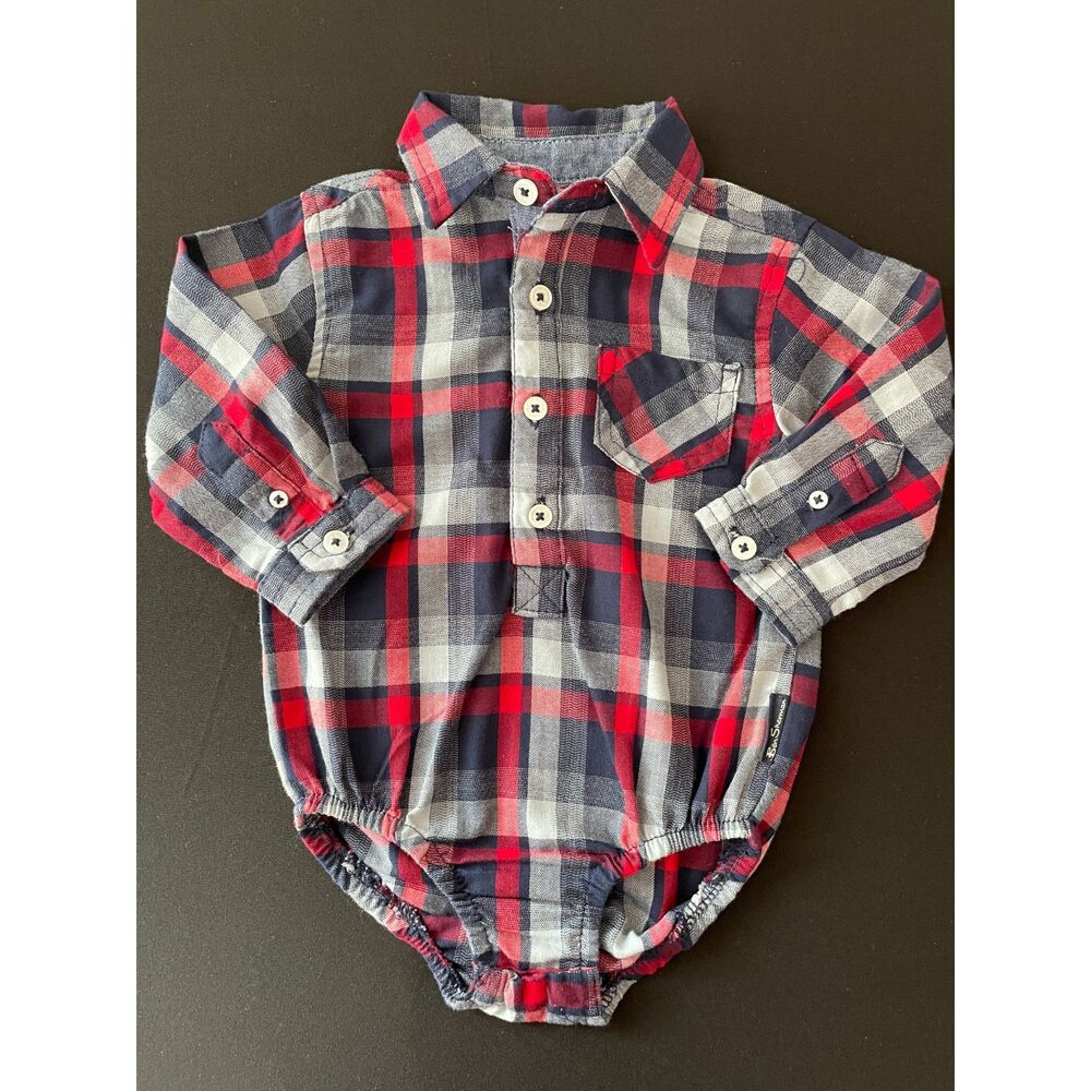 ~ Ben Sherman 3-6 mo Plaid Shirt Red / Blue / Navy Onesie Collar Buttons Cotton